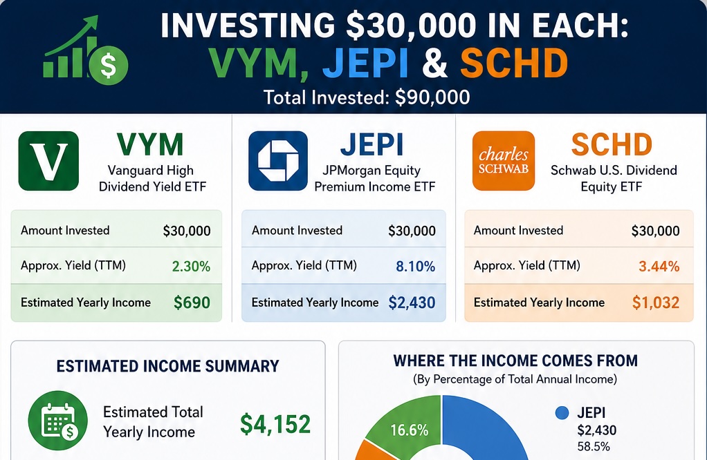 Investing 10k in VYM, 10k in JEPI, and 10k in SCHD
